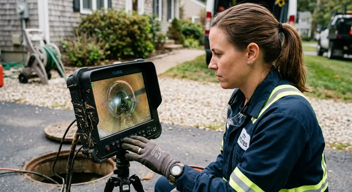 Technician reviewing sewer camera inspection footage in Steubenville