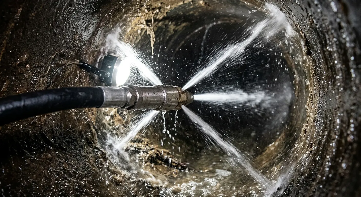 High-pressure hydro jetting nozzle cleaning sewer pipe for Emergency Drain Service in Steubenville