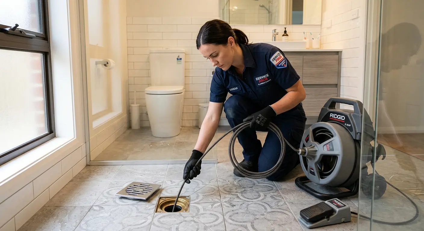 Technician clearing a bathroom floor drain for Drain Cleaning in Steubenville